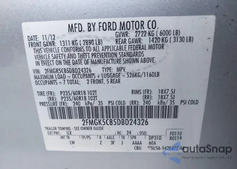 2013 Ford Flex Sel из США, поврежденный, VIN 2FMGK5C85DBD24326